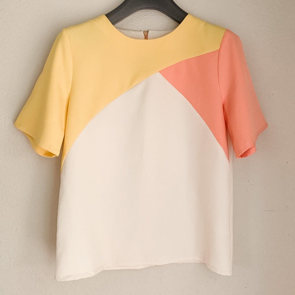 Woman Blouse in White, Yellow & Coral.  Size M